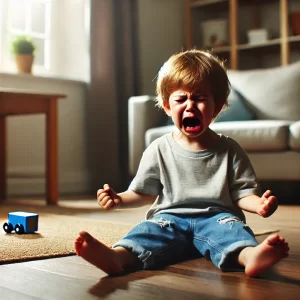 Young child crying during a tantrum, expressing frustration. Example of tantrum behavior explained in child behavior management.